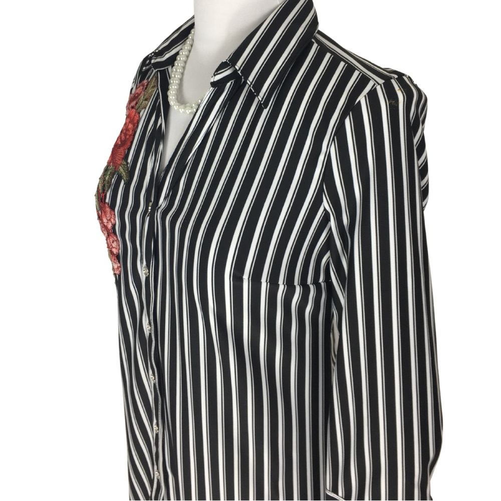 Mlle Gabrielle Black White Striped Stretch Button Down Shirt Dress size  Small - Picture 7 of 16
